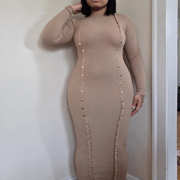 Fashion Nova Tan Long Sleeve Dress with Button Accents - mordernwear.com